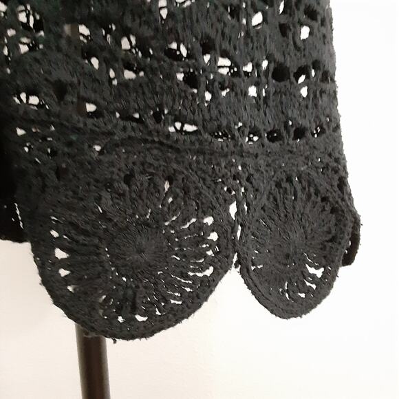 Vintage 80s Crochet Cardigan Black Bohemian Duster Knit Vest Lagenlook Festival - Picture 5 of 12